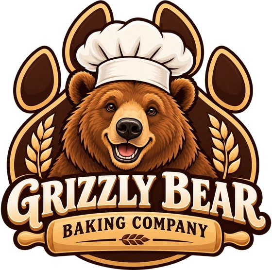 Grizzly Bear Baking Company logo: a smiling grizzly bear in a chef's hat