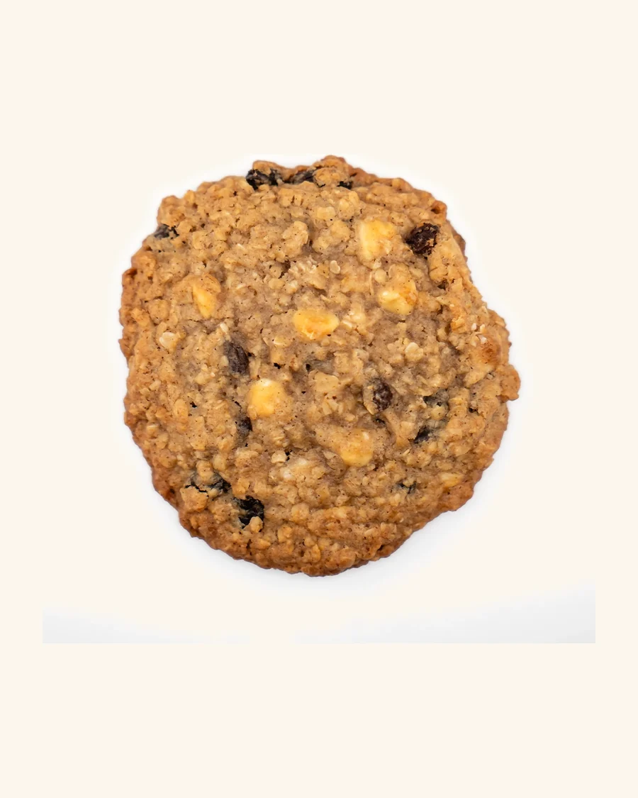 A hearty oatmeal cookie packed with oats, plump raisins and white chocolate chips