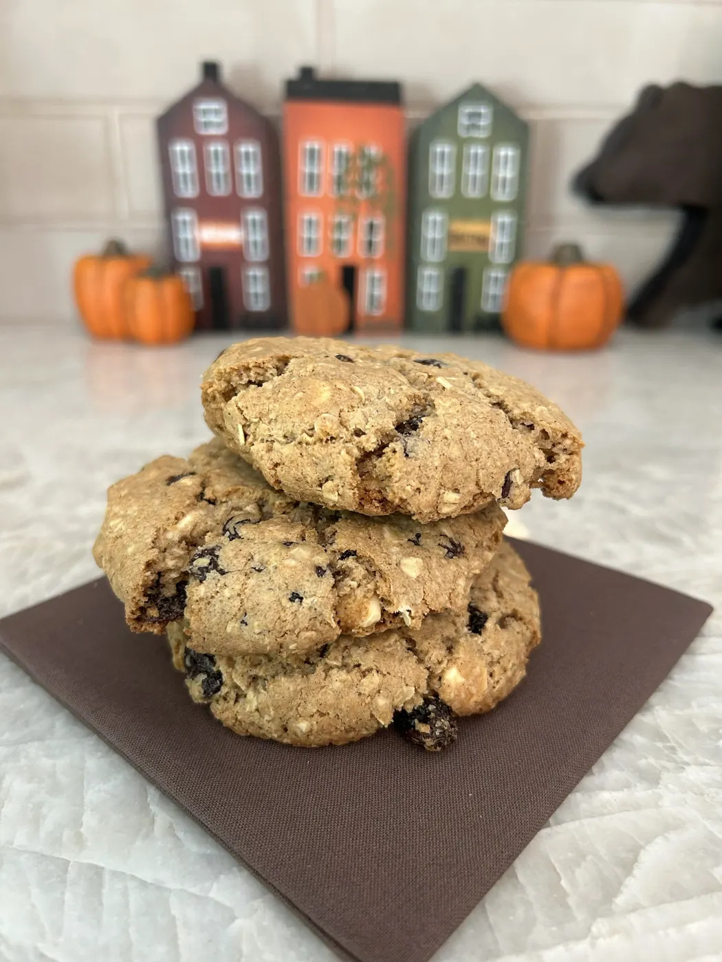 A side view of an oatmeal raisin cookie