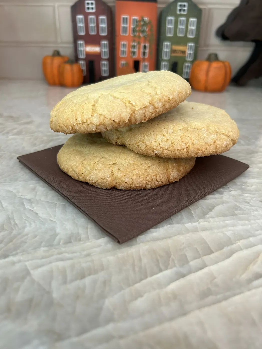 A stack of sugar cookies in front of fall decorations